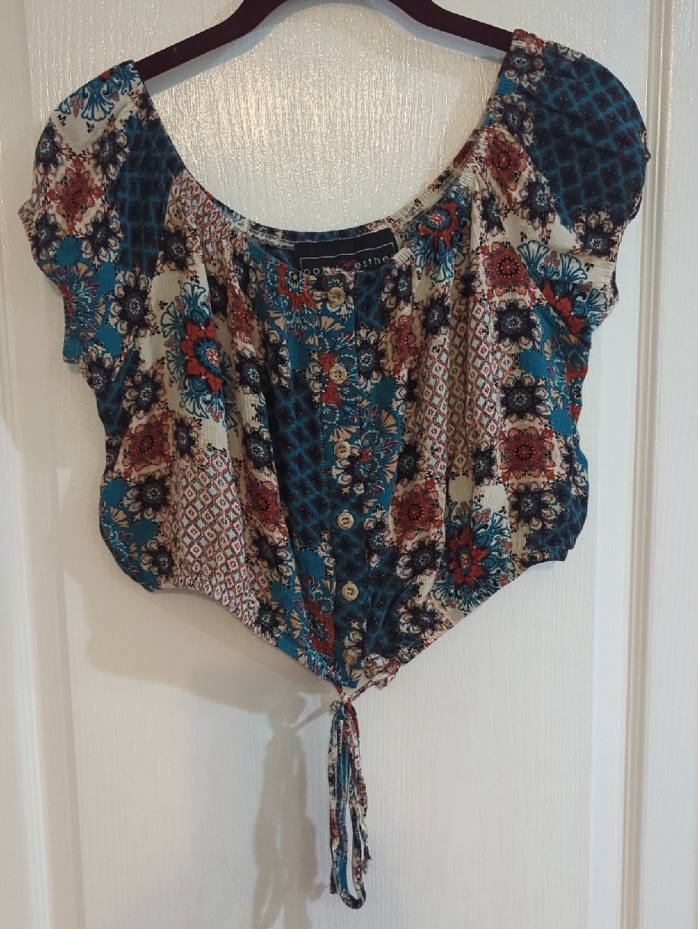 Boho Floral Tie-Front Women's Top - Teal Mix L